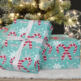 Papier Cadeau Nom personnalisé Turquoise Flocon de neige Sucre d