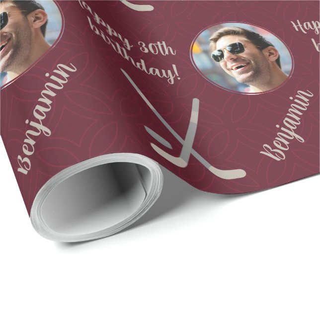 Papier Cadeau Nom personnel âge photo Sport Hockey Anniversaire (Coin rond)