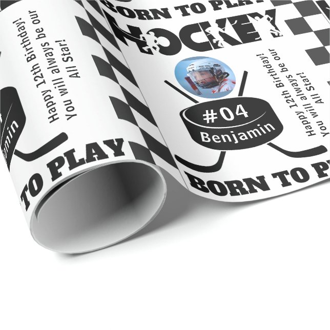 Papier Cadeau Nom Photo Age Jersey Numéro Sentiment Hockey (Coin rond)