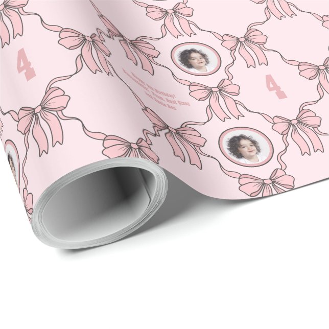 Papier Cadeau Nom Photo Sentiment Texte Pink Coquette Bow (Coin rond)