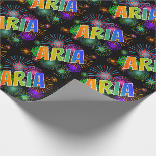 Papier Cadeau Nom prénom Arc-en-ciel "ARIA" + Feux d'artifice