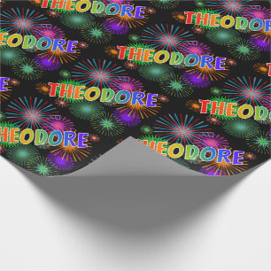 Papier Cadeau Nom prénom Arc-en-ciel "THEODORE" + Feux d'artific