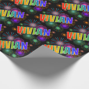 Papier Cadeau Nom prénom Arc-en-ciel "VIVIAN" + Feux d'artifice