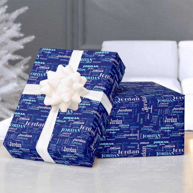 Papier Cadeau Nom répété Personnalisé Bleu & Argent (Créateur téléchargé)