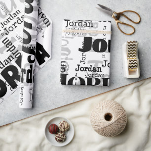 Papier Cadeau Nom répétitif Black Grey Blanc Moderne Neutrals