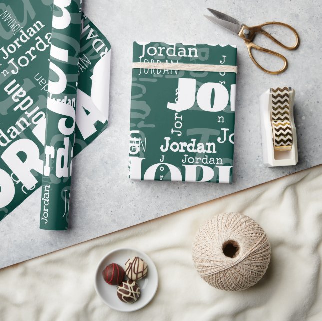 Papier Cadeau Nom répétitif moderne Motif émeraude vert blanc (Artisanat)