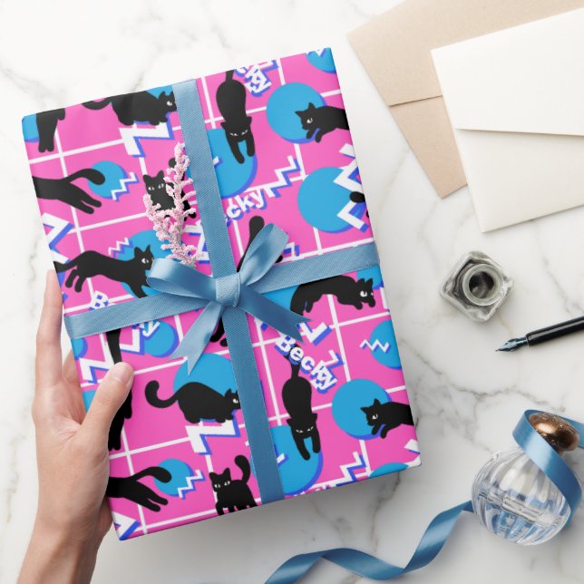 Papier Cadeau Nom rétro Pink Geometry Memphis Chats Motifs (Cadeaux)