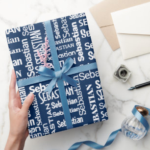 Papier Cadeau Nom SEBASTIEN Blanc Sur Bleu