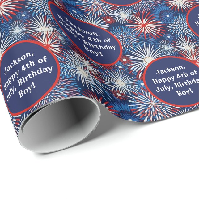 Papier Cadeau Nom Texte Bleu Rouge Blanc 4 juillet Anniversaire (Coin rond)