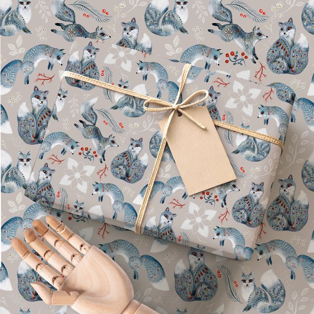 Papier Cadeau Nordic Folk Foxes | Scandinavian Winter Woodland (Créateur téléchargé)