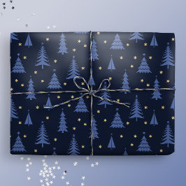 Papier Cadeau Nordique Cobalt Bleu Arbres de Noël foncés