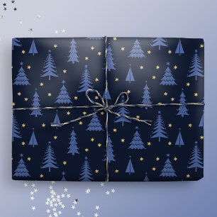 Papier Cadeau Nordique Cobalt Bleu Arbres de Noël foncés