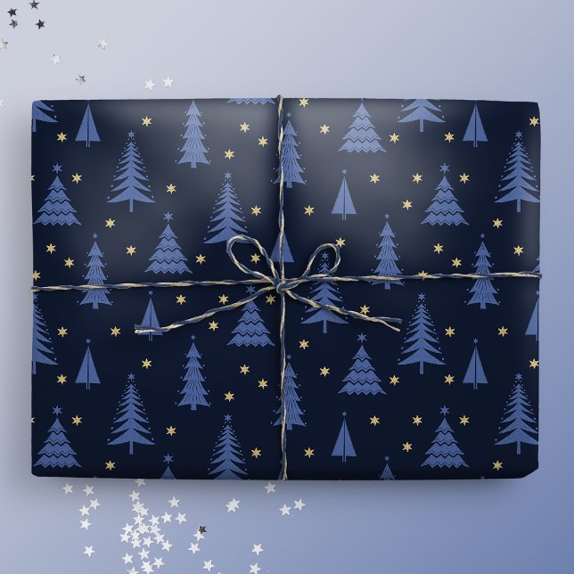 Papier Cadeau Nordique Cobalt Bleu Arbres de Noël foncés (Créateur téléchargé)