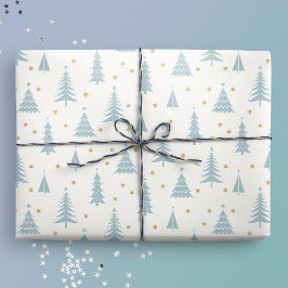 Papier Cadeau Nordique Turquoise Noël Arbres Blanc