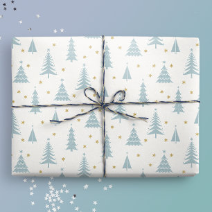 Papier Cadeau Nordique Turquoise Noël Arbres Blanc