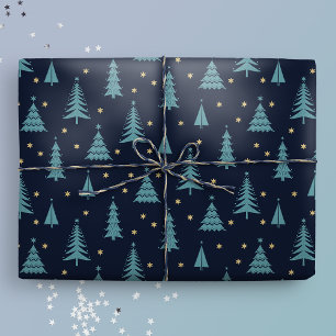 Papier Cadeau Nordique Turquoise Noël Arbres Sombres