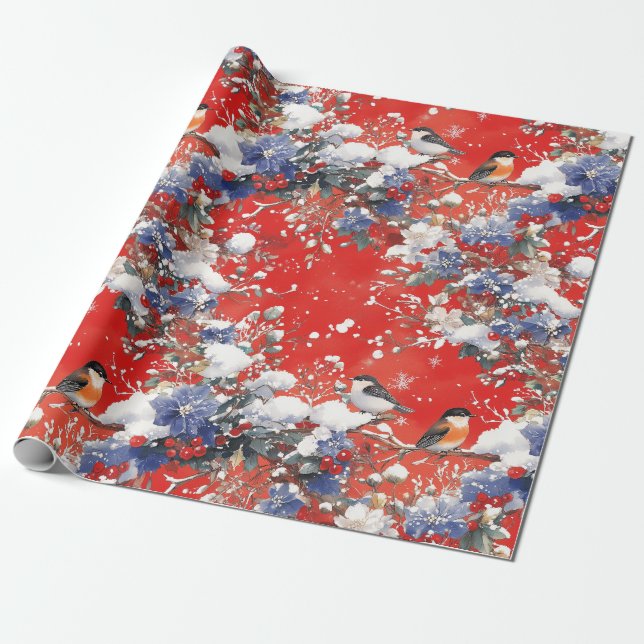 Papier Cadeau Nostalgique Neige et Oiseaux Papier d'enveloppemen (Déroulé)