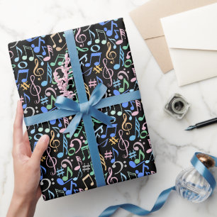Papier Cadeau Notes et symboles musicaux Pastel Motif. BG noir