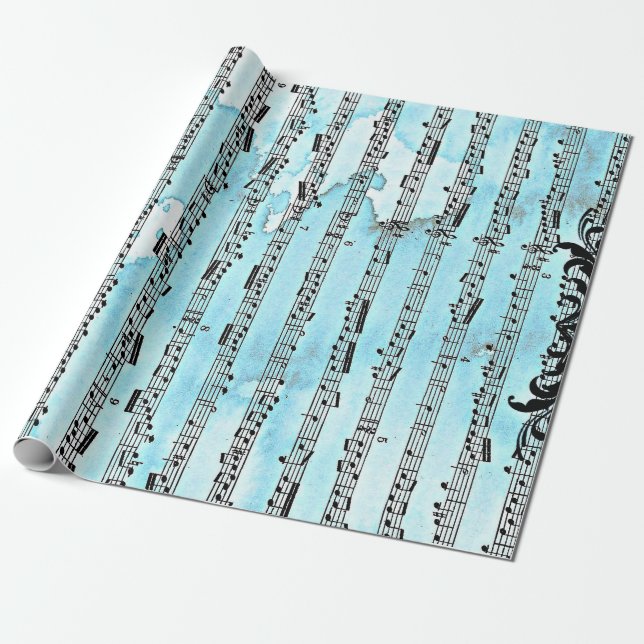 Papier Cadeau Notes musicales Papier d'enveloppement bleu, 30 po (Déroulé)