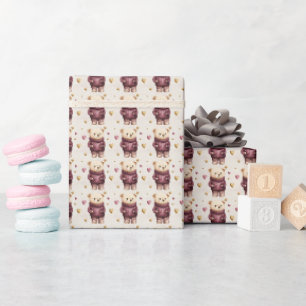 Papier Cadeau Nounours avec coeur pourpre et or