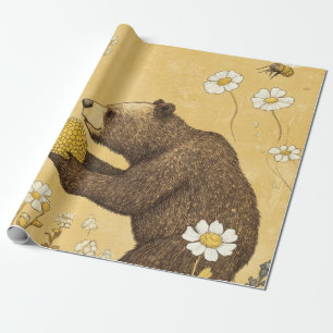 Papier Cadeau Nounours dans une prairie de fleurs sauvages