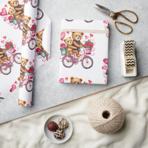 Papier Cadeau Nounours de la Saint-Valentin à bicyclette