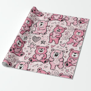 Papier Cadeau Nounours en peluche rose kawaii