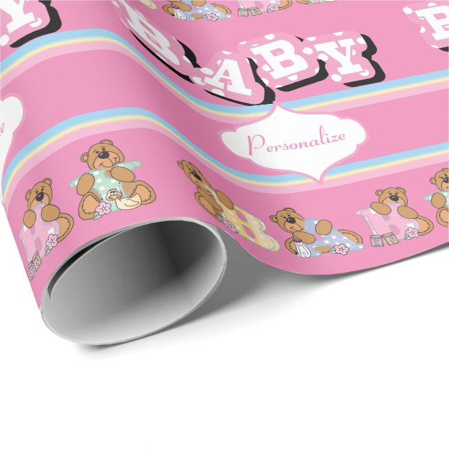 Papier Cadeau Nounours en rose| Personnaliser (Coin rond)