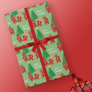 Papier Cadeau Nounours modernes en pyjama de Noël avec arbre
