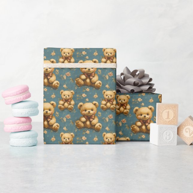 Papier Cadeau Nounours vintages en bleu (Baby Shower)