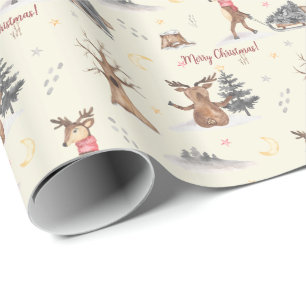 Papier Cadeau Nourriture Aquarelée Reindeer Tirant Sleigh Noël