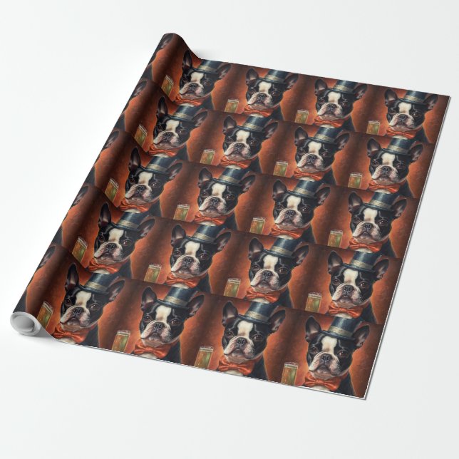 Papier Cadeau Nouvel an de Boston Terrier (Déroulé)