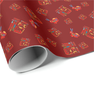 Papier Cadeau Nouvel An rouge 福 fu bénédiction Papier d'envelopp