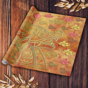 Papier Cadeau Nouvelle année lunaire chinoise rouge or du dragon