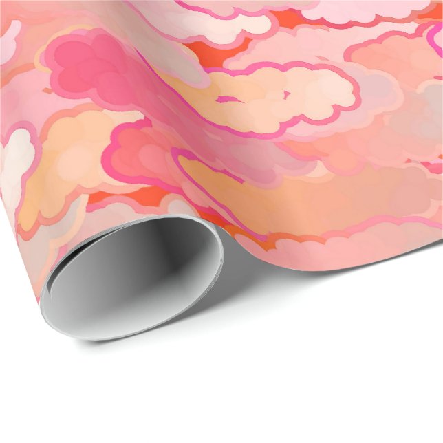 Papier Cadeau Nuages japonais, coucher du soleil, corail, (Coin rond)