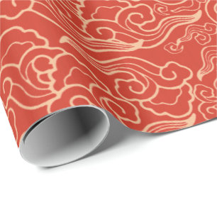 Papier Cadeau Nuages japonais vintages, orange de corail
