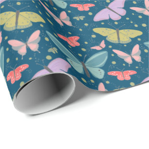 Papier Cadeau Nuages Peints de Papillons Bleu Foncé
