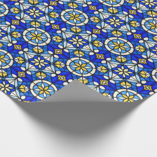 Papier Cadeau Nuances de bleu et de jaune de style vitrail
