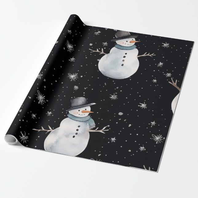 Papier Cadeau Nuit de Noël noire Snowman (Déroulé)