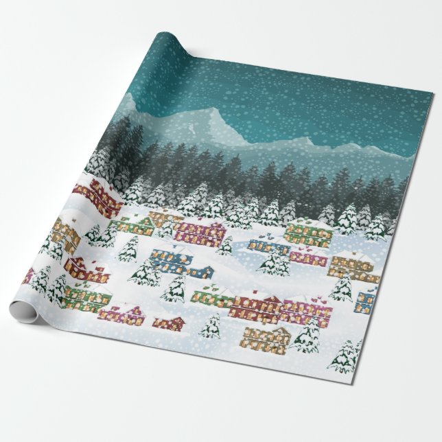 Papier Cadeau Nuit de Noël - Paysage de neige de Mountain City (Déroulé)