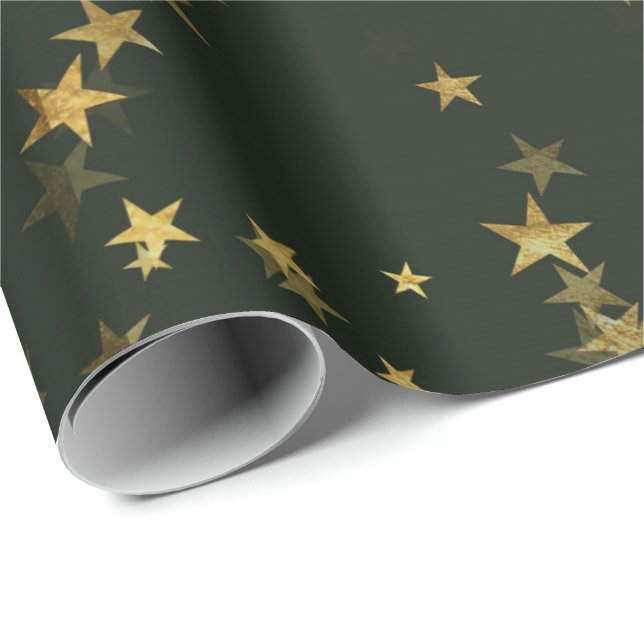 Papier Cadeau Nuit étoile Deep Green Forest Gold Confetti (Coin rond)