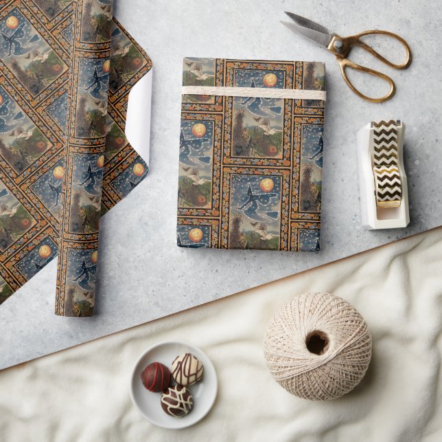 Papier Cadeau Nuit étoilée avec bordure d'automne Halloween (Artisanat)