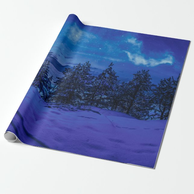 Papier Cadeau Nuit étoilée avec pleine lune en forêt (Déroulé)
