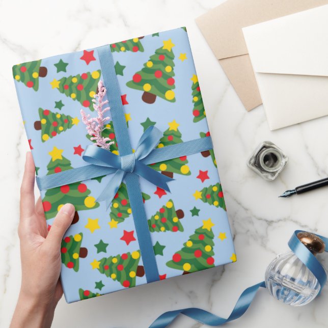 Papier Cadeau Nuit Silencieuse Arbres de Noël & Étoiles Bleu cla (Cadeaux)
