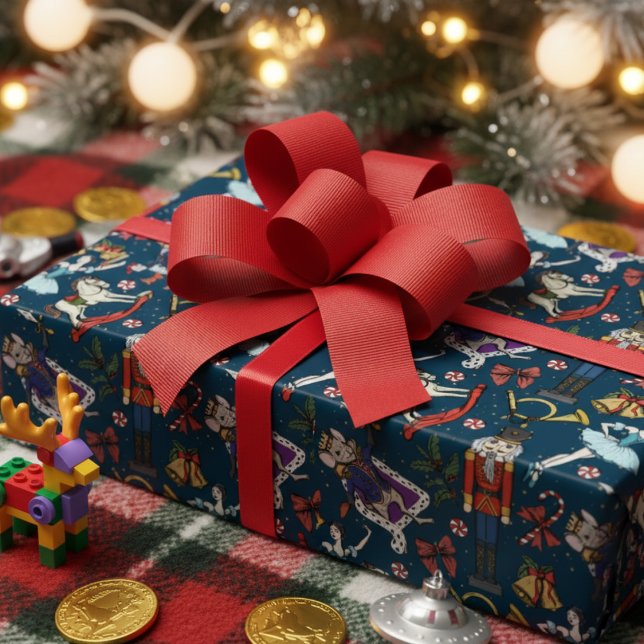 Papier Cadeau Nutcracker Mouse King Ballerina Navy Blue Xmas (Elegant Nutcracker Ballet Wrapping Paper. Navy Blue Vintage Nutcracker Ballerina Mouse King Pattern)