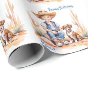 Papier Cadeau Occidental Cowboy et Chien Anniversaire personnali