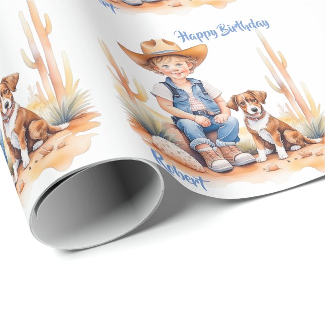 Papier Cadeau Occidental Cowboy et Chien Anniversaire personnali (Coin rond)