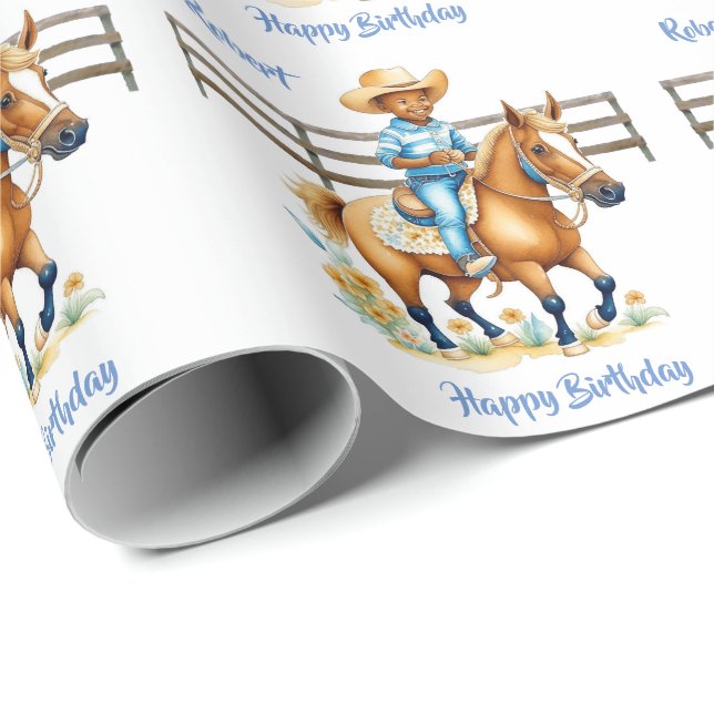 Papier Cadeau Occidental Cowboy on Horse Anniversaire personnali (Coin rond)