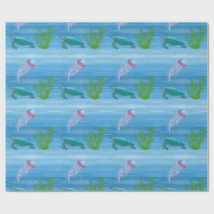 Papier Cadeau Océan avec Tortue et Méduse