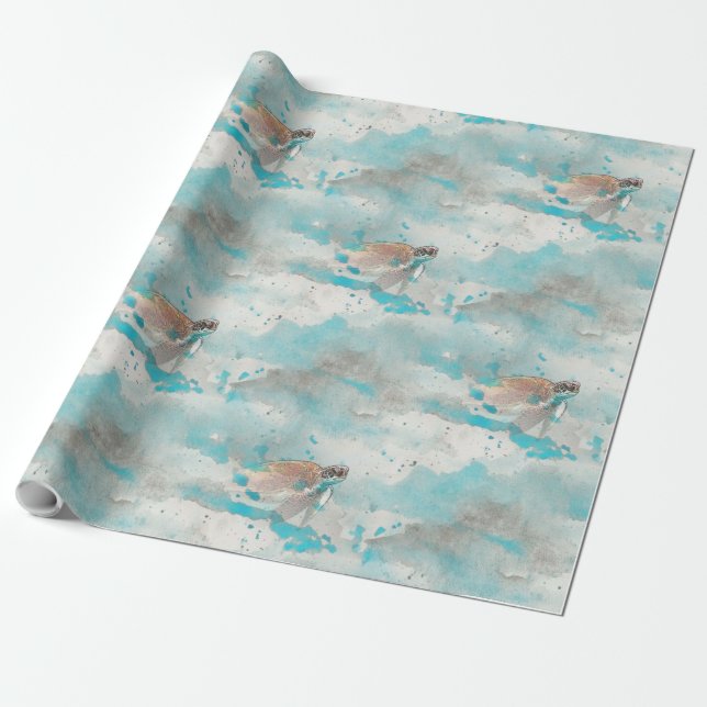 Papier Cadeau Océan bleu aquarelle tortue marine Nautique (Déroulé)